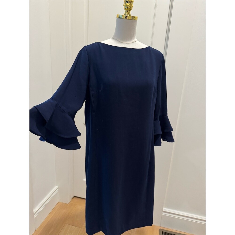 Lauren Ralph Lauren Dress Womens 14 Navy Shift Knee Length 3/4 Bell Sleeve